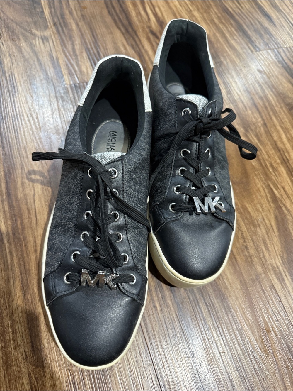 Michael Kors Black Leather & Monogram Logo Lace-Up Sneakers
